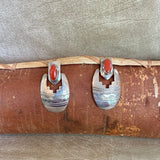 Sterling Silver Post Dangle Earrings with Coral Stone and Stamped Design, Mark Jimenez, Navajo   (BH95)