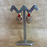 Sterling Silver Post Dangle Earrings with Coral Stone and Stamped Design, Mark Jimenez, Navajo   (BH95)