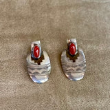 Sterling Silver Post Dangle Earrings with Coral Stone and Stamped Design, Mark Jimenez, Navajo   (BH95)