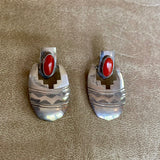 Sterling Silver Post Dangle Earrings with Coral Stone and Stamped Design, Mark Jimenez, Navajo   (BH95)