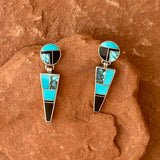 Ray Tracey contemporary flush inlay earrings, Round post inlaid w TQ and black jet with triangle hinge inlaid w TQ and black jet (SS82)