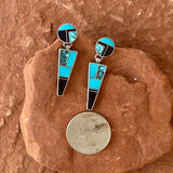 Ray Tracey contemporary flush inlay earrings, Round post inlaid w TQ and black jet with triangle hinge inlaid w TQ and black jet (SS82)