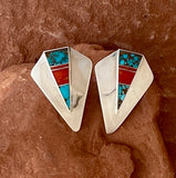 Ray Tracey silver chevron post earrings with TQ and coral inlay (SS52)