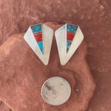 Ray Tracey silver chevron post earrings with TQ and coral inlay (SS52)