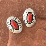 Stamped oval silver post earrings w shadowbox inlay coral - Tommy Jackson, Navajo (SS78)