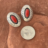 Stamped oval silver post earrings w shadowbox inlay coral - Tommy Jackson, Navajo (SS78)