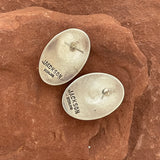 Stamped oval silver post earrings w shadowbox inlay coral - Tommy Jackson, Navajo (SS78)