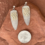 Small round silver post earrings w arrowhead shaped cast silver dangle, 14k gold overlay wave design - Myron Panteah (SS71)