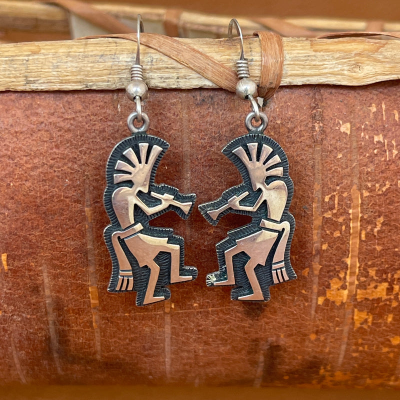 Silver overlay Hopi Kokopelli figure dangle earrings - Ramon Dalangyawma (SS65)