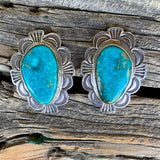 Alex Sanchez Traditional Navajo Sterling Silver and Turquoise Clip Earrings (MC13)