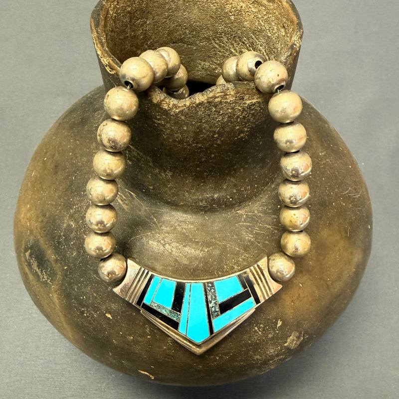 Ray Tracey Contemporary Sterling Silver and Multi-Stone Channel Inlay Pendant on Silver Beaded Necklace, authentic Navajo  (WH14)
