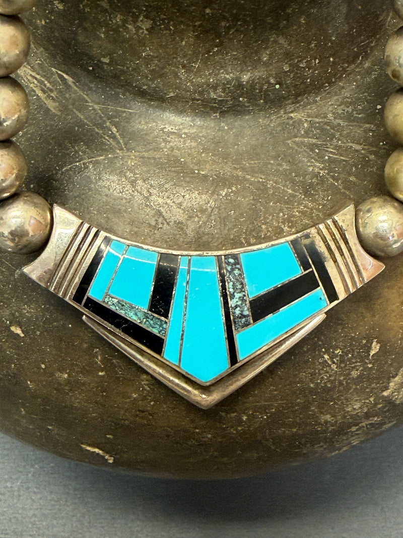 Ray Tracey Contemporary Sterling Silver and Multi-Stone Channel Inlay Pendant on Silver Beaded Necklace, authentic Navajo  (WH14)