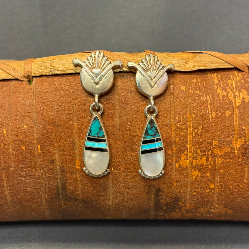 Ray Tracey Signature Piece, Contemporary Navajo Channel Inlay Dangle Earrings, vintage  (WH67)