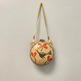 Acoma Pueblo-Zia pottery canteen on leather strap w roadrunner design, Eusebia Shije ca. 2004 (NLC1)