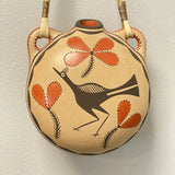 Acoma Pueblo-Zia pottery canteen on leather strap w roadrunner design, Eusebia Shije ca. 2004 (NLC1)