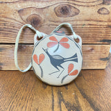 Acoma Pueblo-Zia pottery canteen on leather strap w roadrunner design, Eusebia Shije ca. 2004 (NLC1)