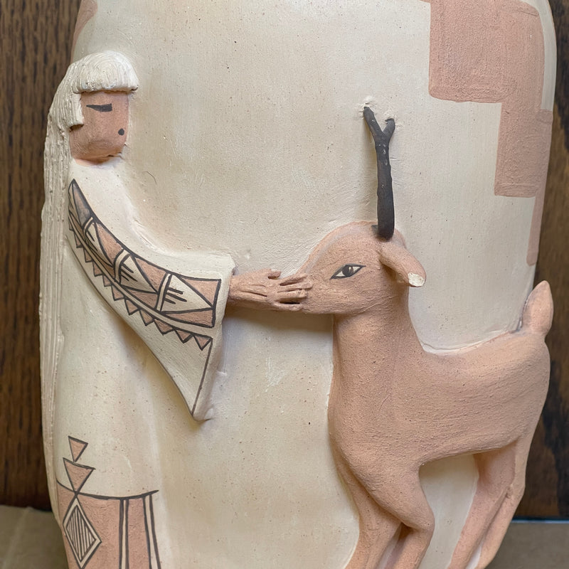 Native American Sculptural Pot "Mother Earth with Deer" by Angelina Medina, Acoma Pueblo-Zia, 1988  (NLC3)