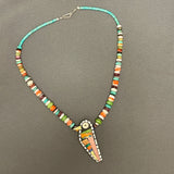 Mary Louise Tafoya, Kewa (Santo Domingo) Pueblo Mosaic Bird Pendant on Multi-Stone Beaded Necklace with Turquoise  (6/85)