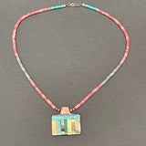 Mary Louise Tafoya, Kewa (Santo Domingo) Pueblo Multi-Stone Mosaic Pendant on Shell and Turquoise Beaded Necklace (6/86)