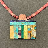 Mary Louise Tafoya, Kewa (Santo Domingo) Pueblo Multi-Stone Mosaic Pendant on Shell and Turquoise Beaded Necklace (6/86)