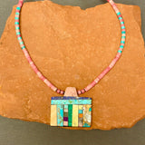 Mary Louise Tafoya, Kewa (Santo Domingo) Pueblo Multi-Stone Mosaic Pendant on Shell and Turquoise Beaded Necklace (6/86)