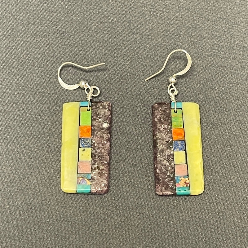 Mary Tafoya, Kewa (Santo Domingo) Pueblo, Native American Multi-Stone Mosaic Dangle Earrings   (6/93)