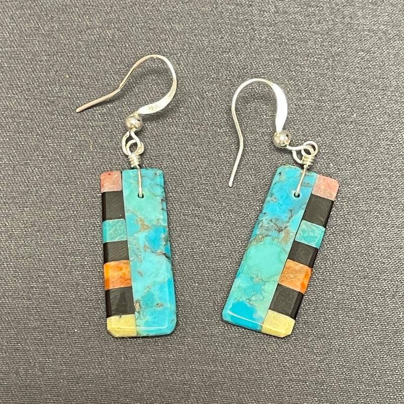 Mary Tafoya, Kewa (Santo Domingo) Pueblo, Native American Turquoise Mosaic Dangle Earrings   (6/92)