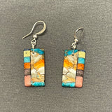 Mary Tafoya, Kewa (Santo Domingo) Pueblo, Native American Multi-Stone and Turquoise Mosaic Dangle Earrings   (6/91)