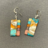 Mary Tafoya, Kewa (Santo Domingo) Pueblo, Native American Multi-Stone and Turquoise Mosaic Dangle Earrings   (6/91)