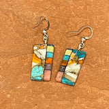 Mary Tafoya, Kewa (Santo Domingo) Pueblo, Native American Multi-Stone and Turquoise Mosaic Dangle Earrings   (6/91)