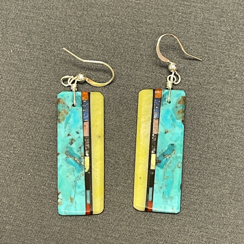 Mary Tafoya, Kewa (Santo Domingo) Pueblo, Native American Turquoise Mosaic Dangle Earrings   (6/89)