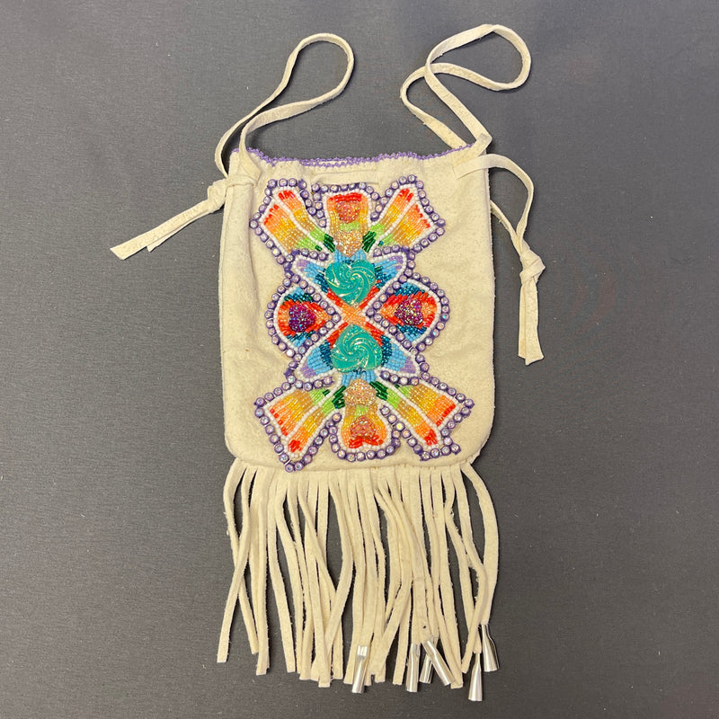 Phyllis Bearskin, Seneca/Cayuga & Chickasaw - Beaded, Brain-tanned Leather Bag with Fringe    (PB14)
