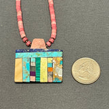 Mary Louise Tafoya, Kewa (Santo Domingo) Pueblo Multi-Stone Mosaic Pendant on Shell and Turquoise Beaded Necklace (6/86)