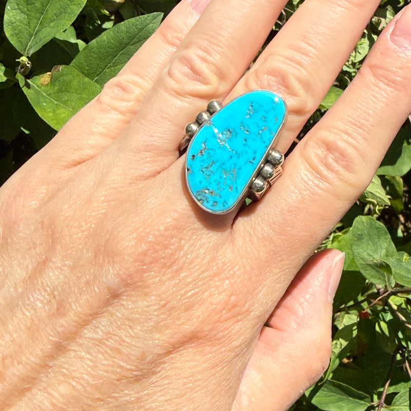 Authentic Navajo Large Sterling Silver and Blue Turquoise Ring with Feather Design Band - size 11   (6/67)