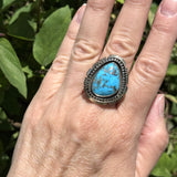 Will Denetdale, Navajo Sterling Silver Shadowbox Ring with Blue Turquoise and Silver Overlay Band, authentic Native American-size 12  (6/68)
