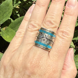 Gilbert Begay, Navajo Silver Overlay Storyteller Ring with Turquoise Inlay - size 10    (6/66)
