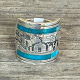 Gilbert Begay, Navajo Silver Overlay Storyteller Ring with Turquoise Inlay - size 10    (6/66)