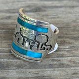 Gilbert Begay, Navajo Silver Overlay Storyteller Ring with Turquoise Inlay - size 10    (6/66)