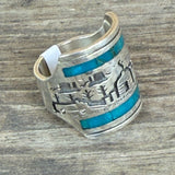 Gilbert Begay, Navajo Silver Overlay Storyteller Ring with Turquoise Inlay - size 10    (6/66)