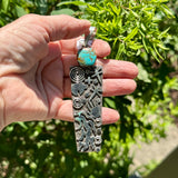 Large Alex Sanchez Sterling Silver and Turquoise Pendant with Petroglyph Designs, Zuni/Navajo   (6/74)