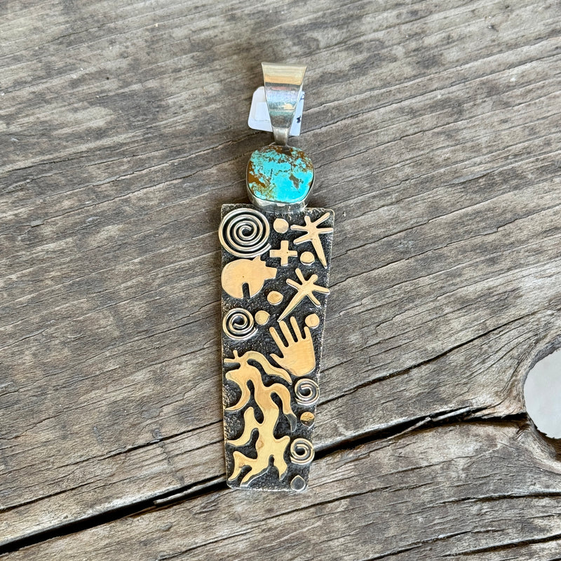 Large Alex Sanchez Sterling Silver and Turquoise Pendant with Petroglyph Designs, Zuni/Navajo   (6/74)