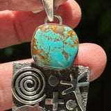 Large Alex Sanchez Sterling Silver and Turquoise Pendant with Petroglyph Designs, Zuni/Navajo   (6/74)