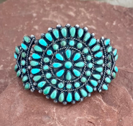 Vintage Zuni Needlepoint Cuff Bracelet, Natural Turquoise and Sterling Silver  (5/85)