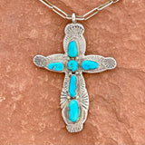 Vintage Zuni Stamped Sterling Silver Cross with Turquoise Stones on Wide Link Chain by Horace Iule (VW83)