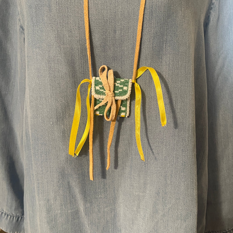 Fully beaded medicine bag by Esther Escarcega, Navajo - Light Green Beads (4/64)