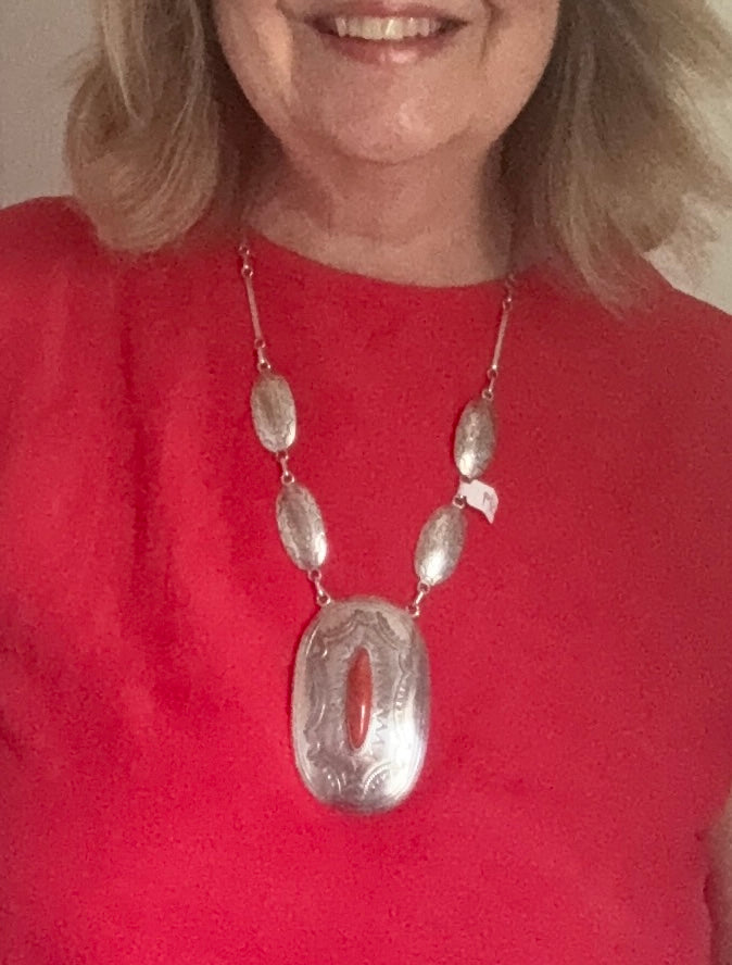 Tammy Nelson, Navajo Oval Concho Necklace with Coral, vintage Native American   (SP9)