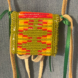 Fully beaded medicine bag by Esther Escarcega, Navajo -Green Beads with buffalo design (4/63)