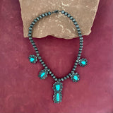 Classic Navajo sterling silver bead choker necklace with flower designs and turquoise stones (KD16)