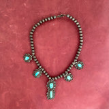 Classic Navajo sterling silver bead choker necklace with flower designs and turquoise stones (KD16)