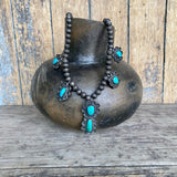 Classic Navajo sterling silver bead choker necklace with flower designs and turquoise stones (KD16)